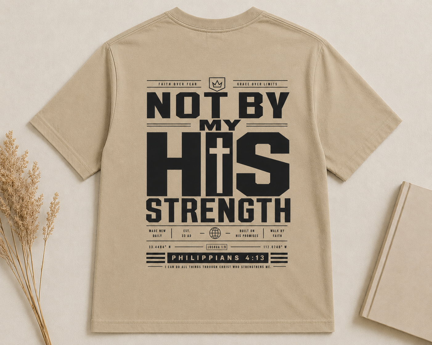 NOT BY MY STRENGTH | PHILIPPIANS 4:13 Christian T-Shirt | Back Print