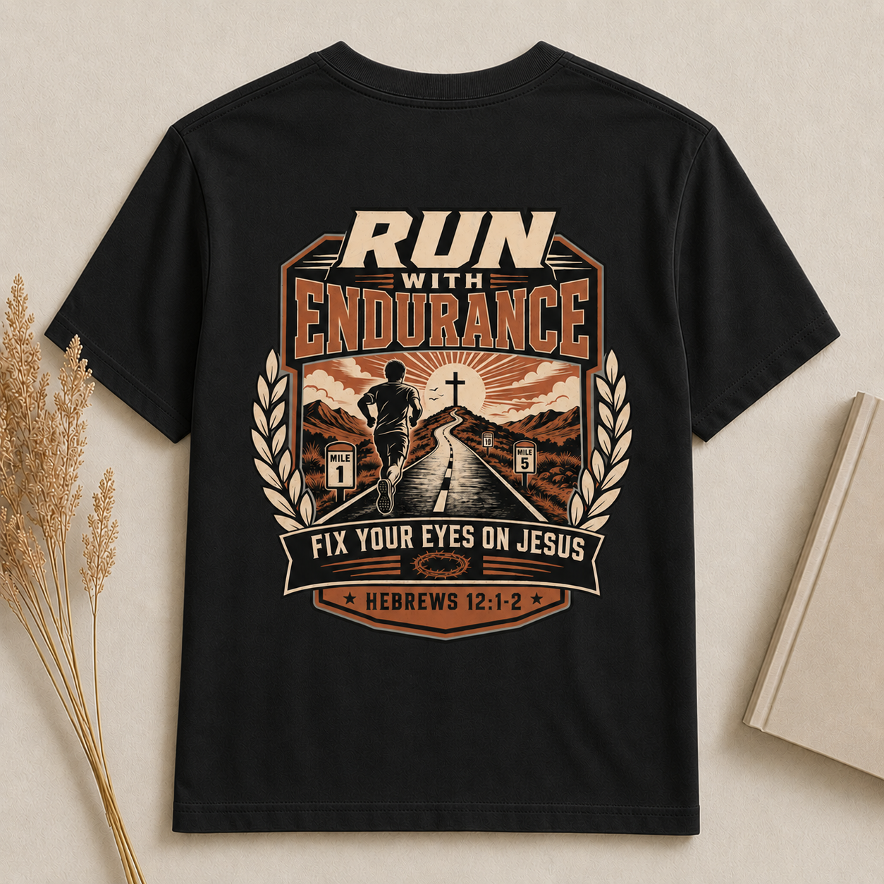 RUN WITH ENDURANCE | HEBREWS 12:1-2 Christian T-Shirt | Back Print