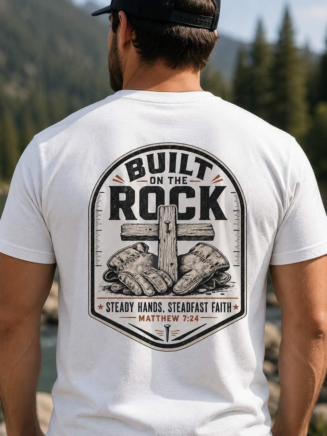 BUILT ON THE ROCK | MATTHEW 7:24 Christian T-Shirt | Back Print