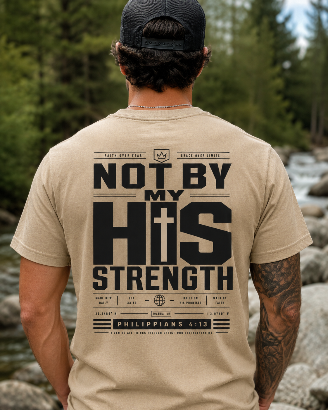 NOT BY MY STRENGTH | PHILIPPIANS 4:13  Christian T-Shirt | Back Print