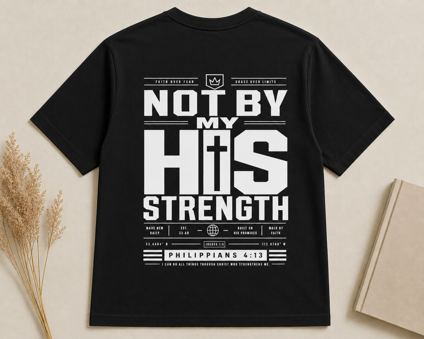NOT BY MY STRENGTH | PHILIPPIANS 4:13  Christian T-Shirt | Back Print
