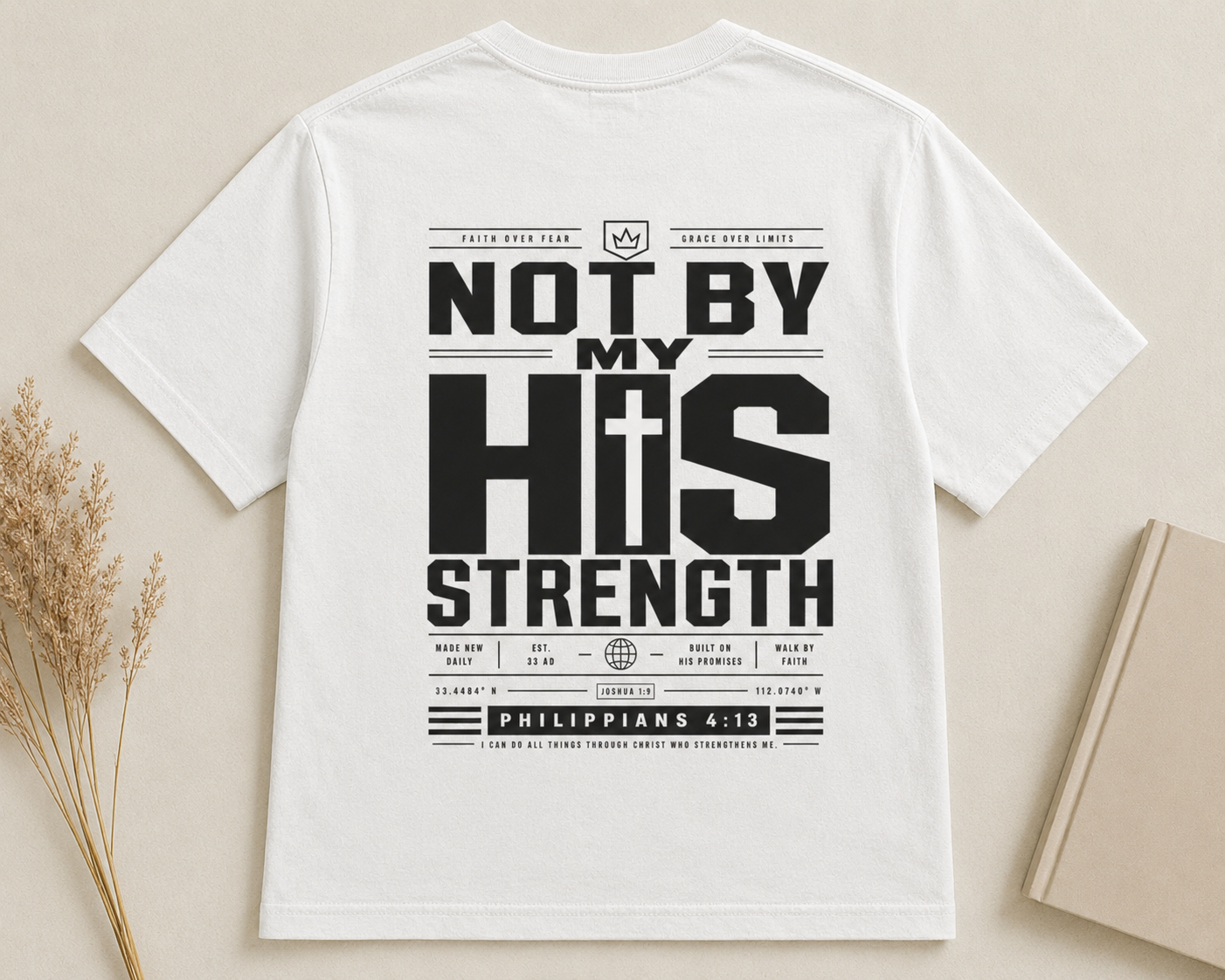 NOT BY MY STRENGTH | PHILIPPIANS 4:13  Christian T-Shirt | Back Print