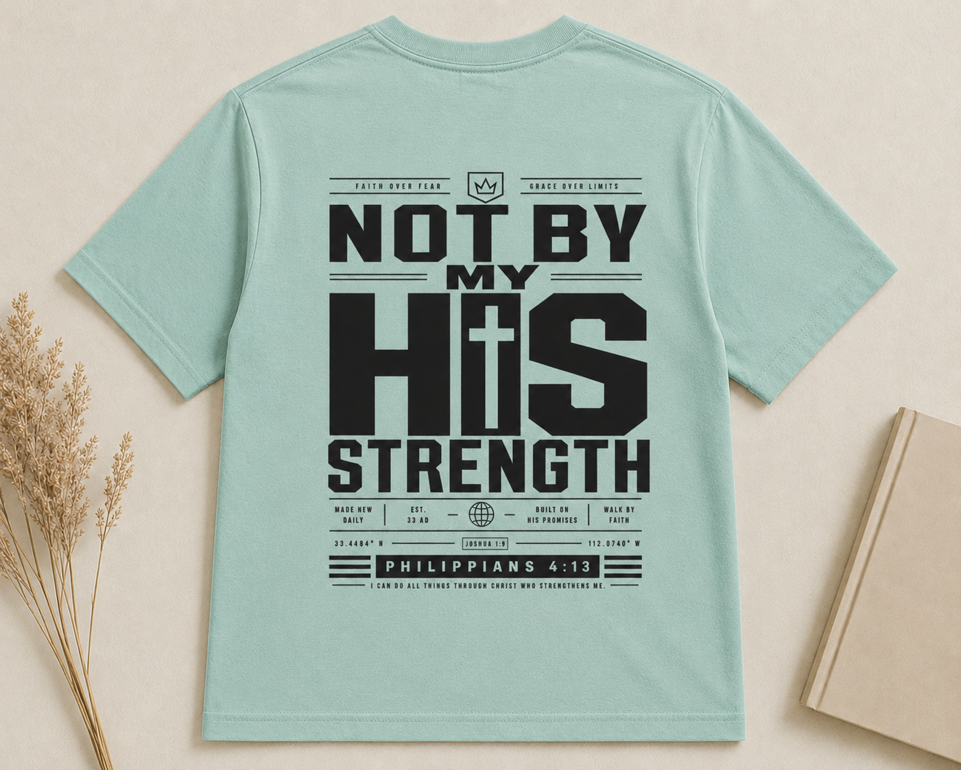 NOT BY MY STRENGTH | PHILIPPIANS 4:13  Christian T-Shirt | Back Print