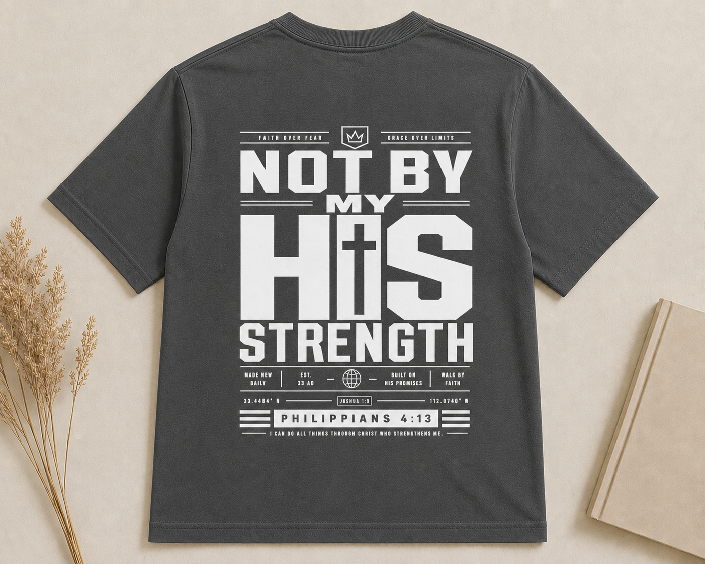 NOT BY MY STRENGTH | PHILIPPIANS 4:13  Christian T-Shirt | Back Print