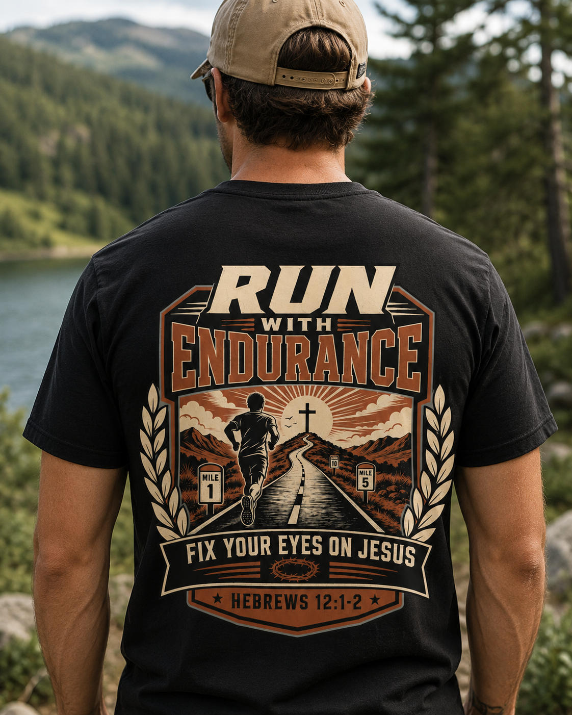 RUN WITH ENDURANCE | HEBREWS 12:1-2  Christian T-Shirt | Back Print