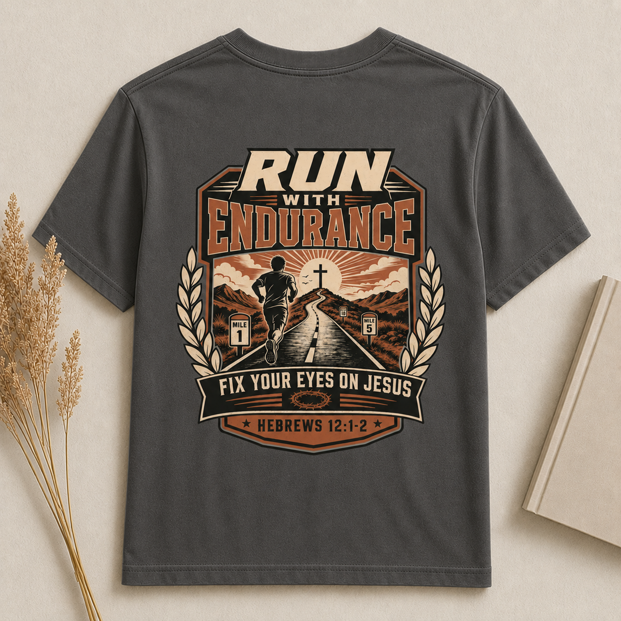 RUN WITH ENDURANCE | HEBREWS 12:1-2  Christian T-Shirt | Back Print