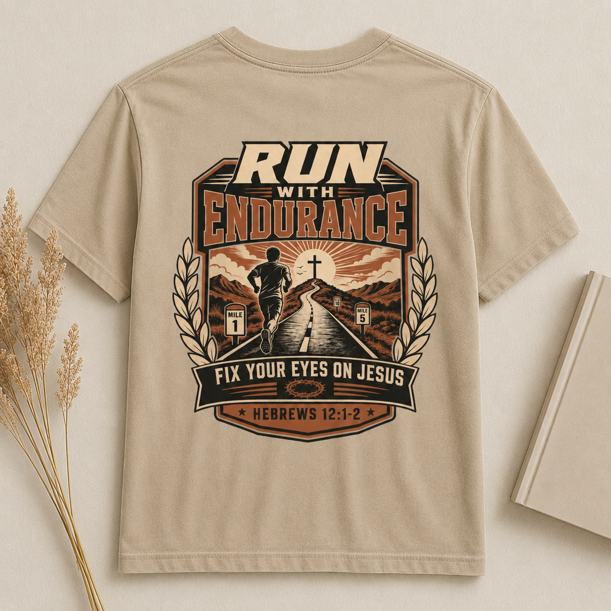 RUN WITH ENDURANCE | HEBREWS 12:1-2  Christian T-Shirt | Back Print