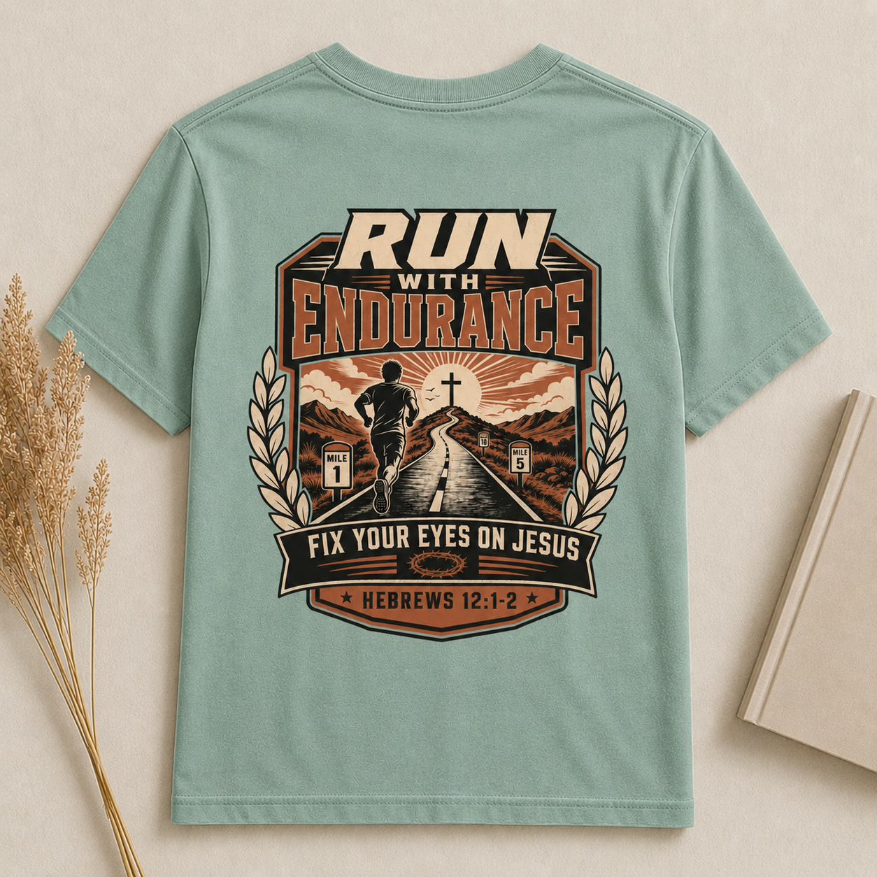 RUN WITH ENDURANCE | HEBREWS 12:1-2  Christian T-Shirt | Back Print