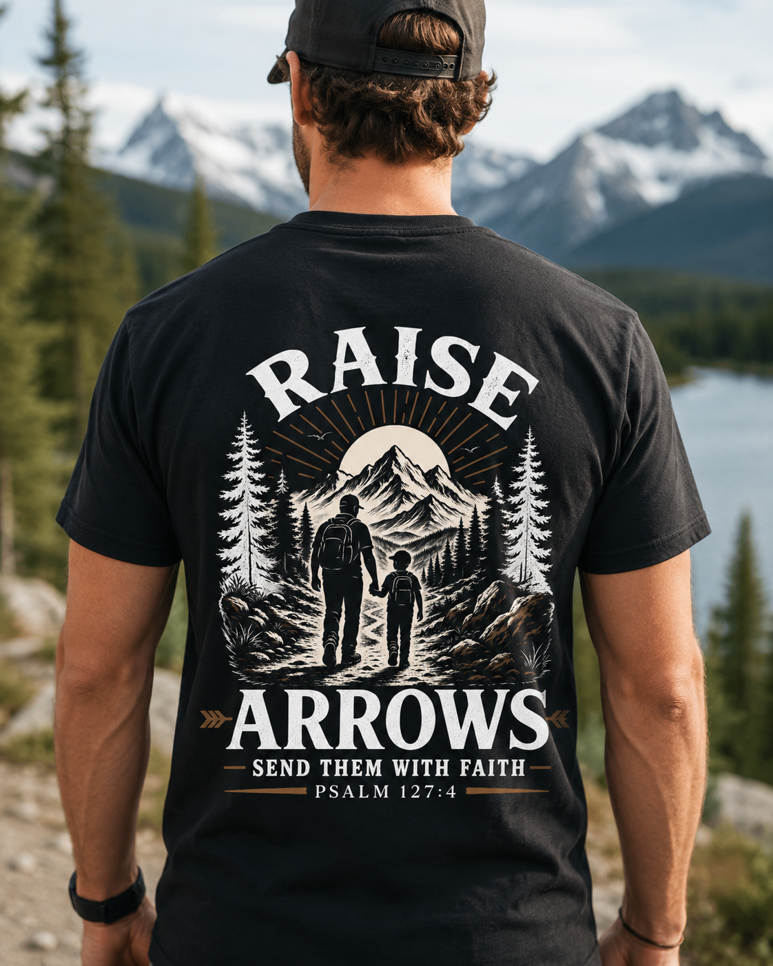 RAISE ARROWS | PSALM 127:4  Christian T-Shirt | Back Print