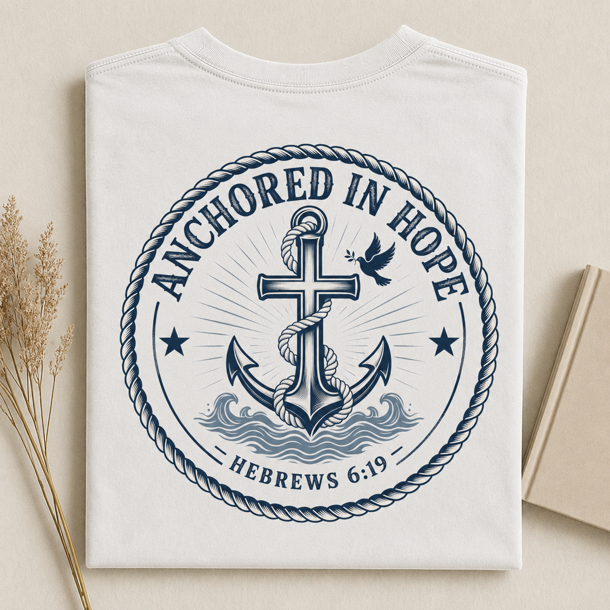 ANCHORED IN HOPE | HEBREWS 6:19  Christian T-Shirt | Back Print