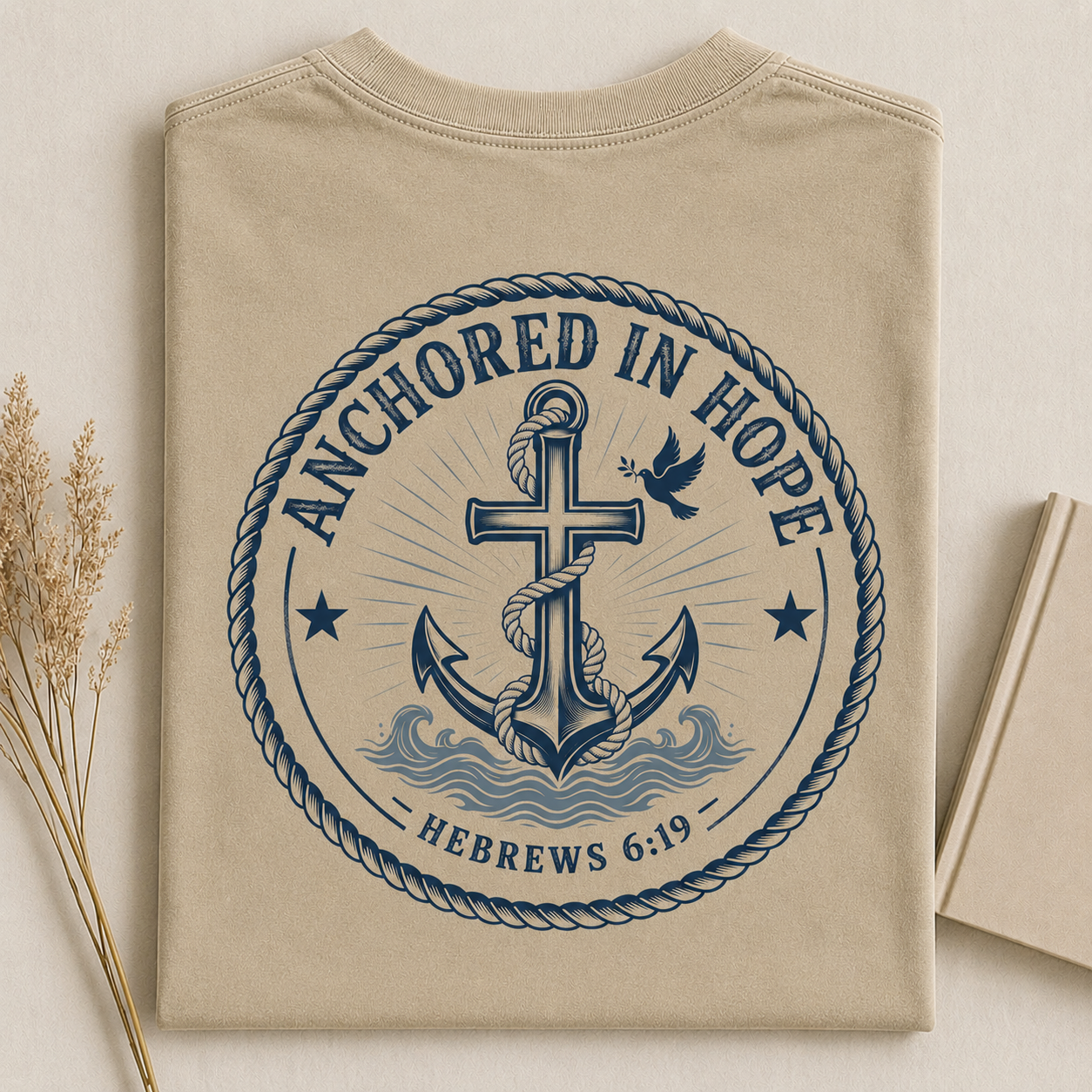 ANCHORED IN HOPE | HEBREWS 6:19  Christian T-Shirt | Back Print