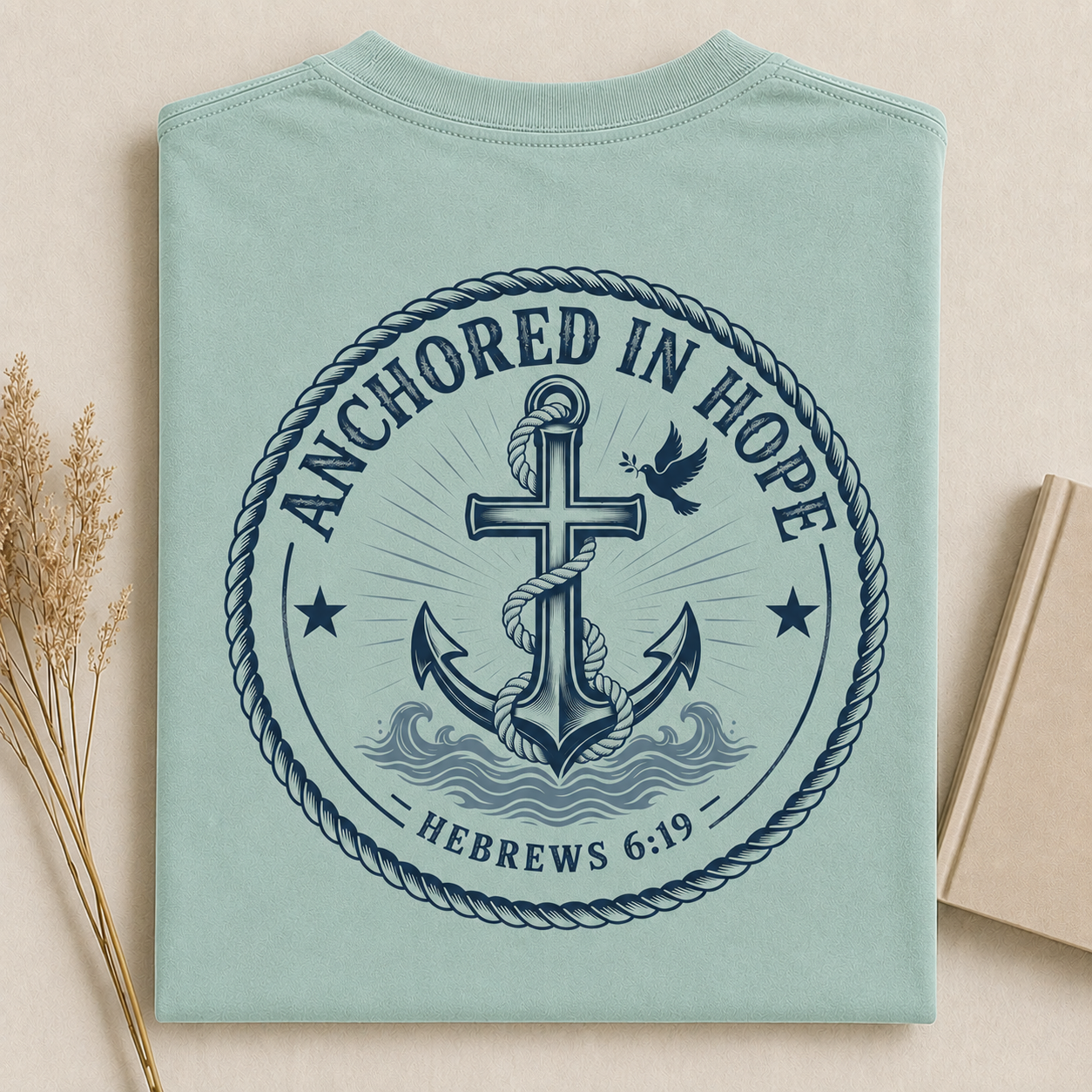 ANCHORED IN HOPE | HEBREWS 6:19  Christian T-Shirt | Back Print