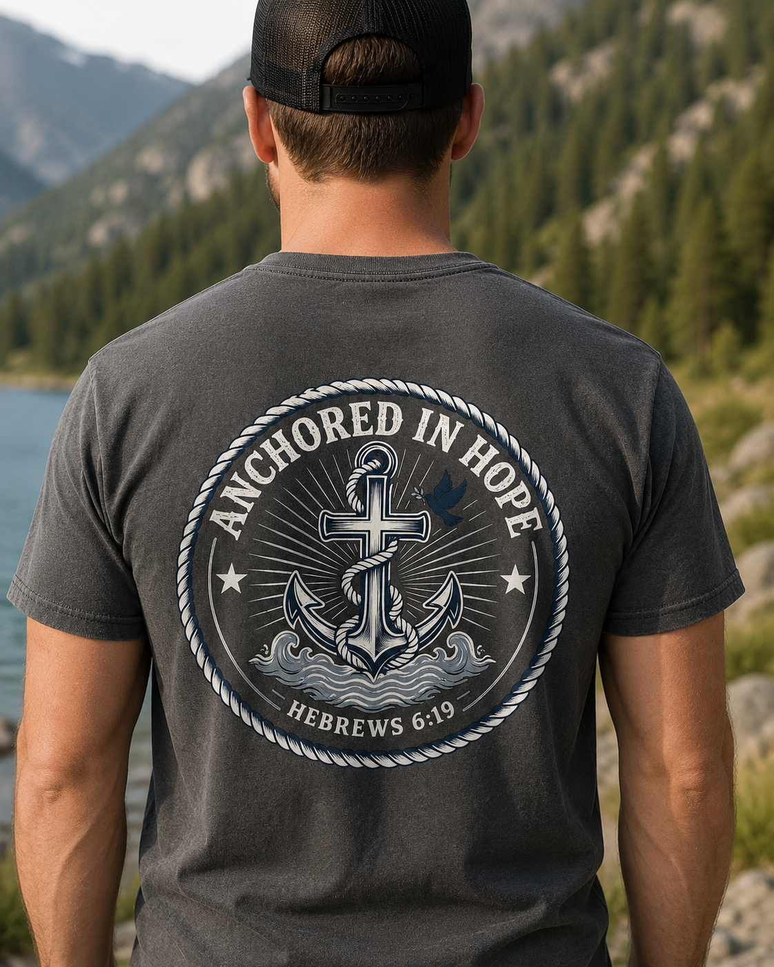 ANCHORED IN HOPE | HEBREWS 6:19  Christian T-Shirt | Back Print