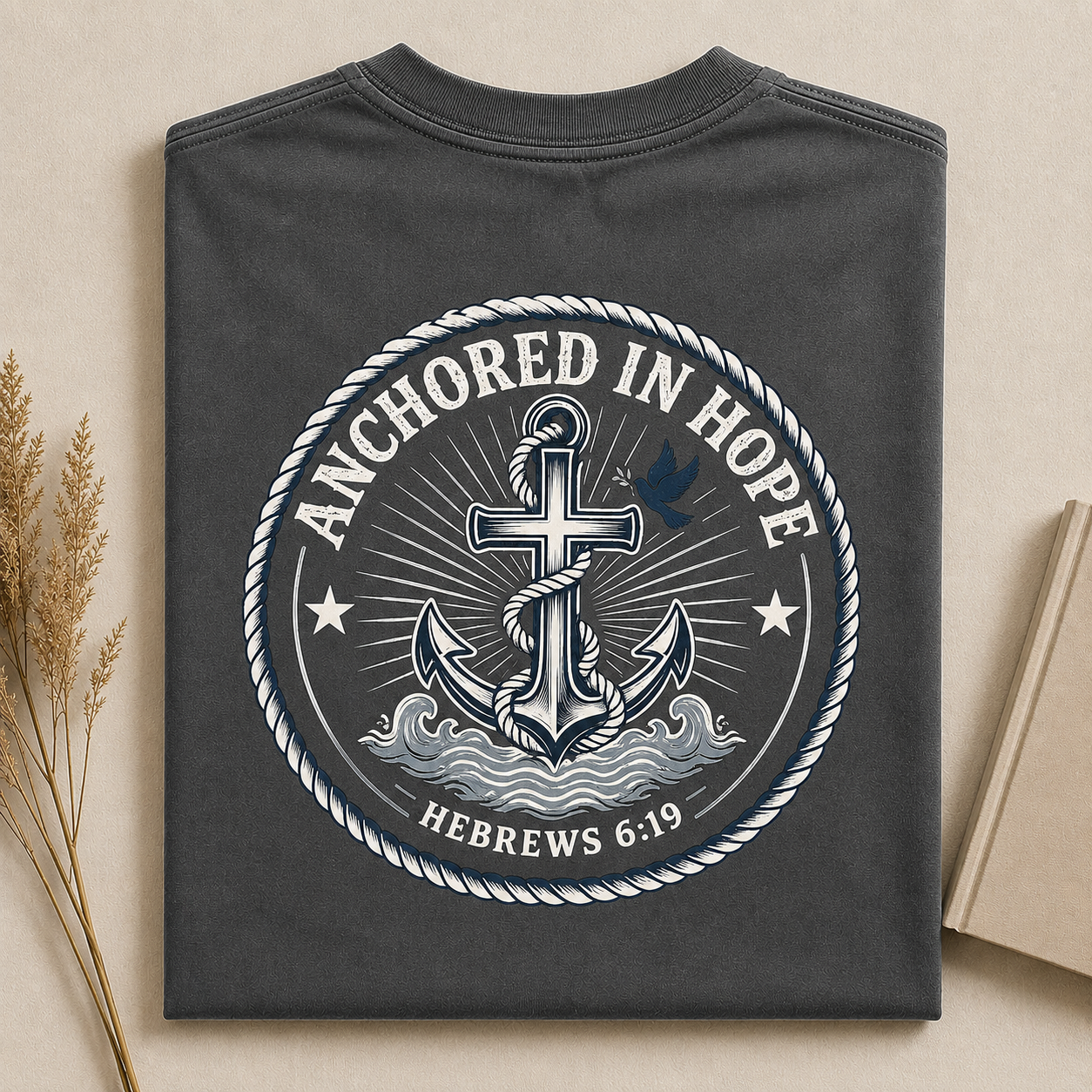 ANCHORED IN HOPE | HEBREWS 6:19  Christian T-Shirt | Back Print