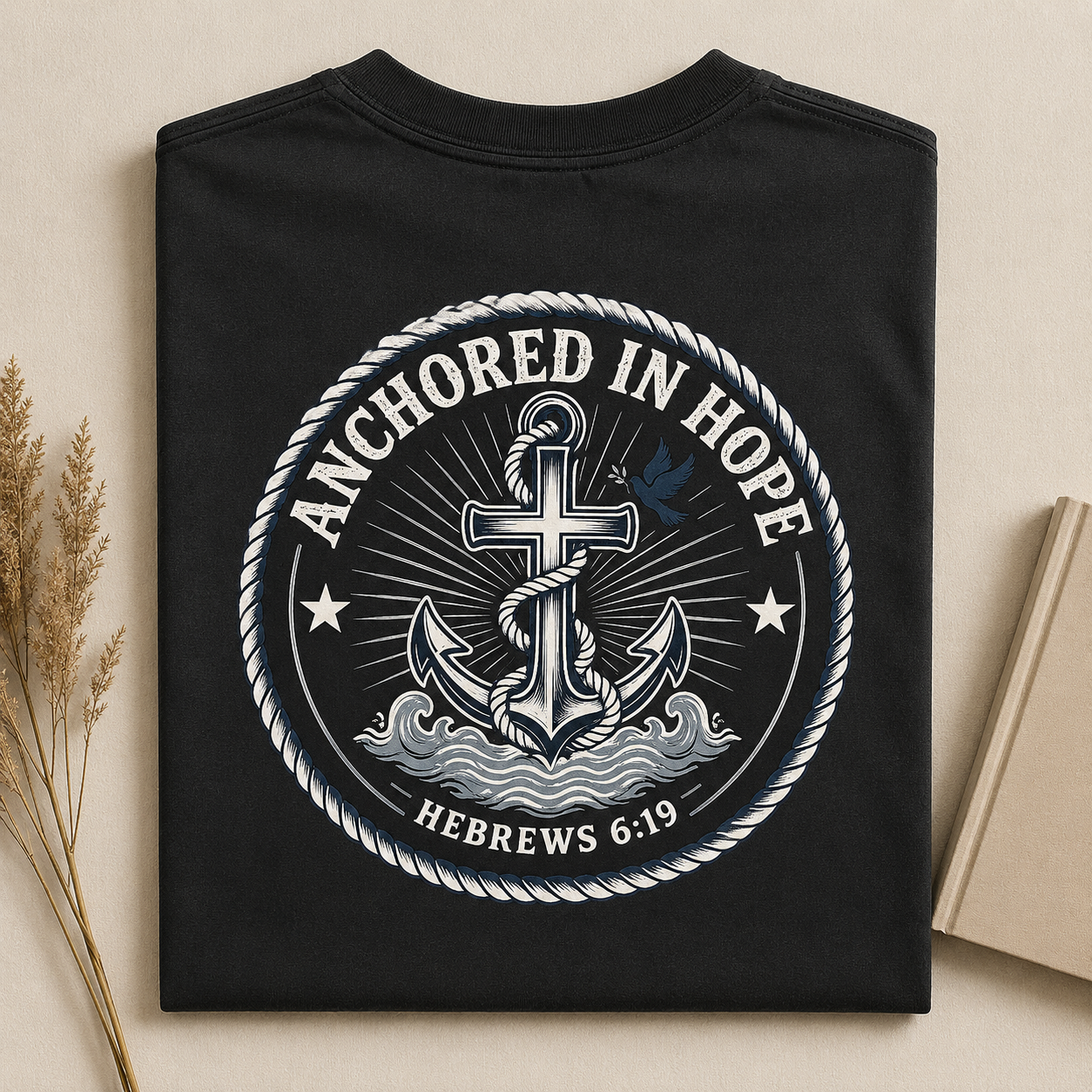 ANCHORED IN HOPE | HEBREWS 6:19  Christian T-Shirt | Back Print