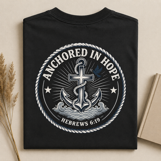 ANCHORED IN HOPE | HEBREWS 6:19  Christian T-Shirt | Back Print