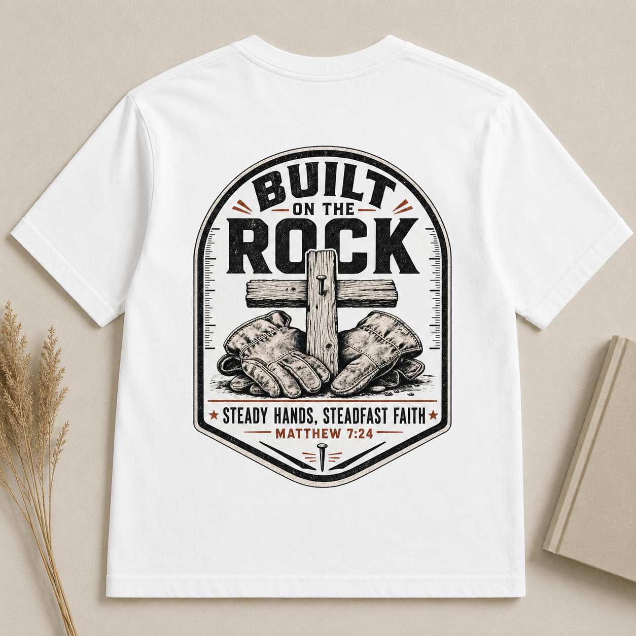 BUILT ON THE ROCK | MATTHEW 7:24  Christian T-Shirt | Back Print