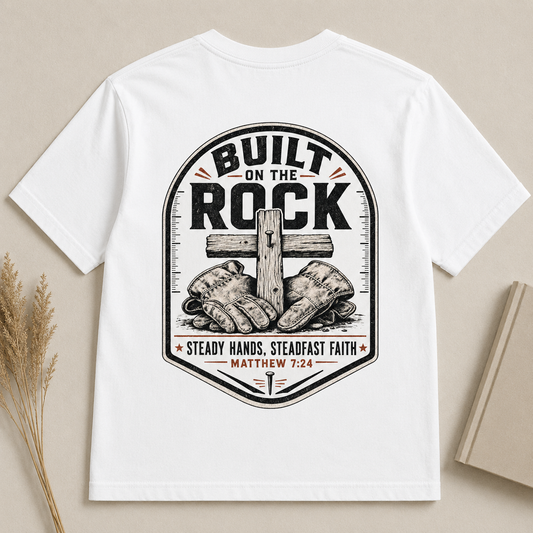 BUILT ON THE ROCK | MATTHEW 7:24  Christian T-Shirt | Back Print