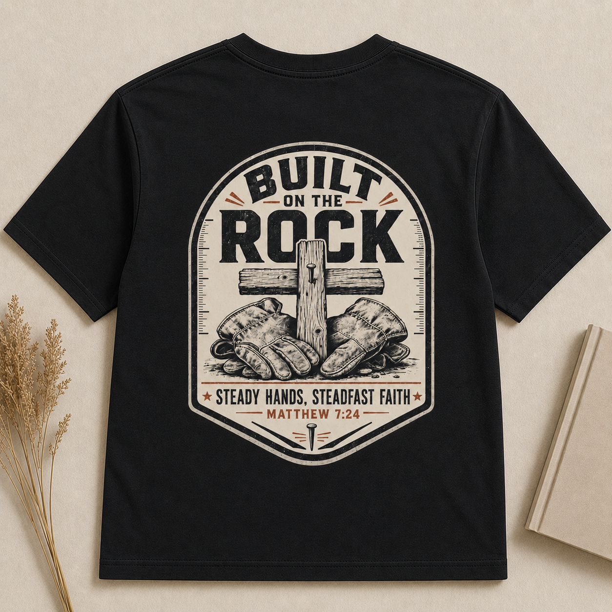 BUILT ON THE ROCK | MATTHEW 7:24  Christian T-Shirt | Back Print