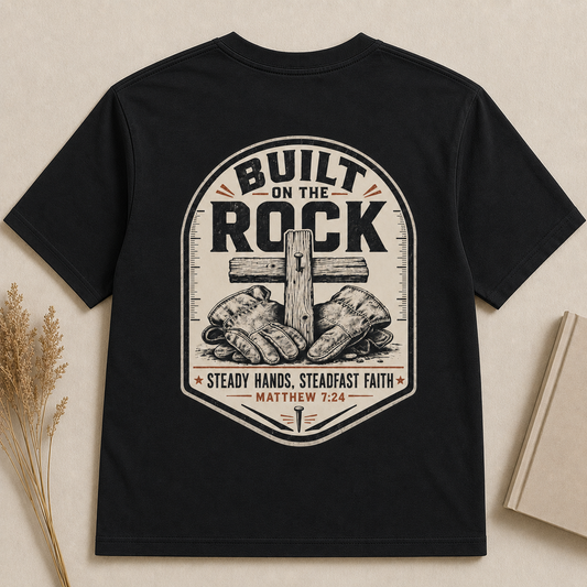 BUILT ON THE ROCK | MATTHEW 7:24  Christian T-Shirt | Back Print