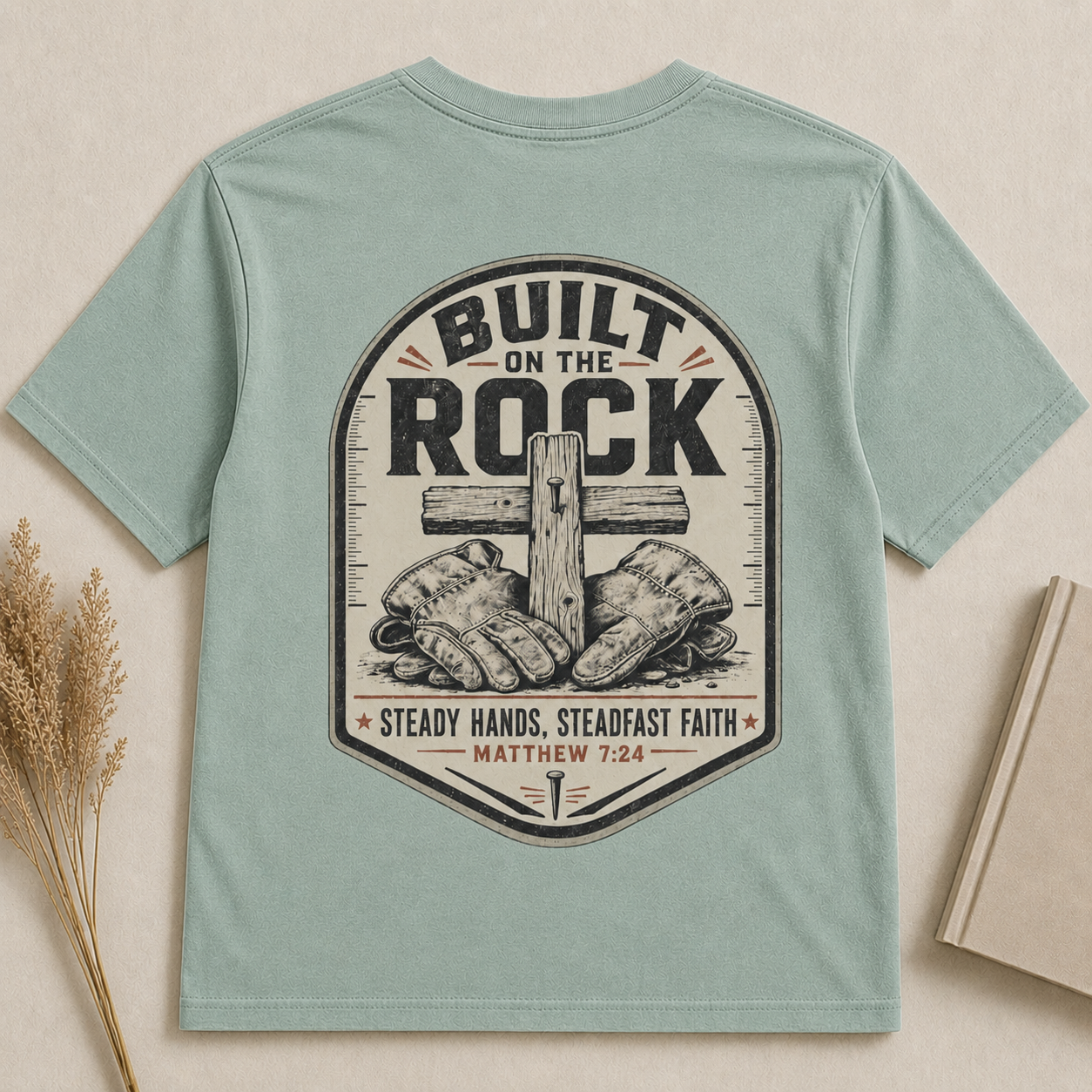 BUILT ON THE ROCK | MATTHEW 7:24  Christian T-Shirt | Back Print