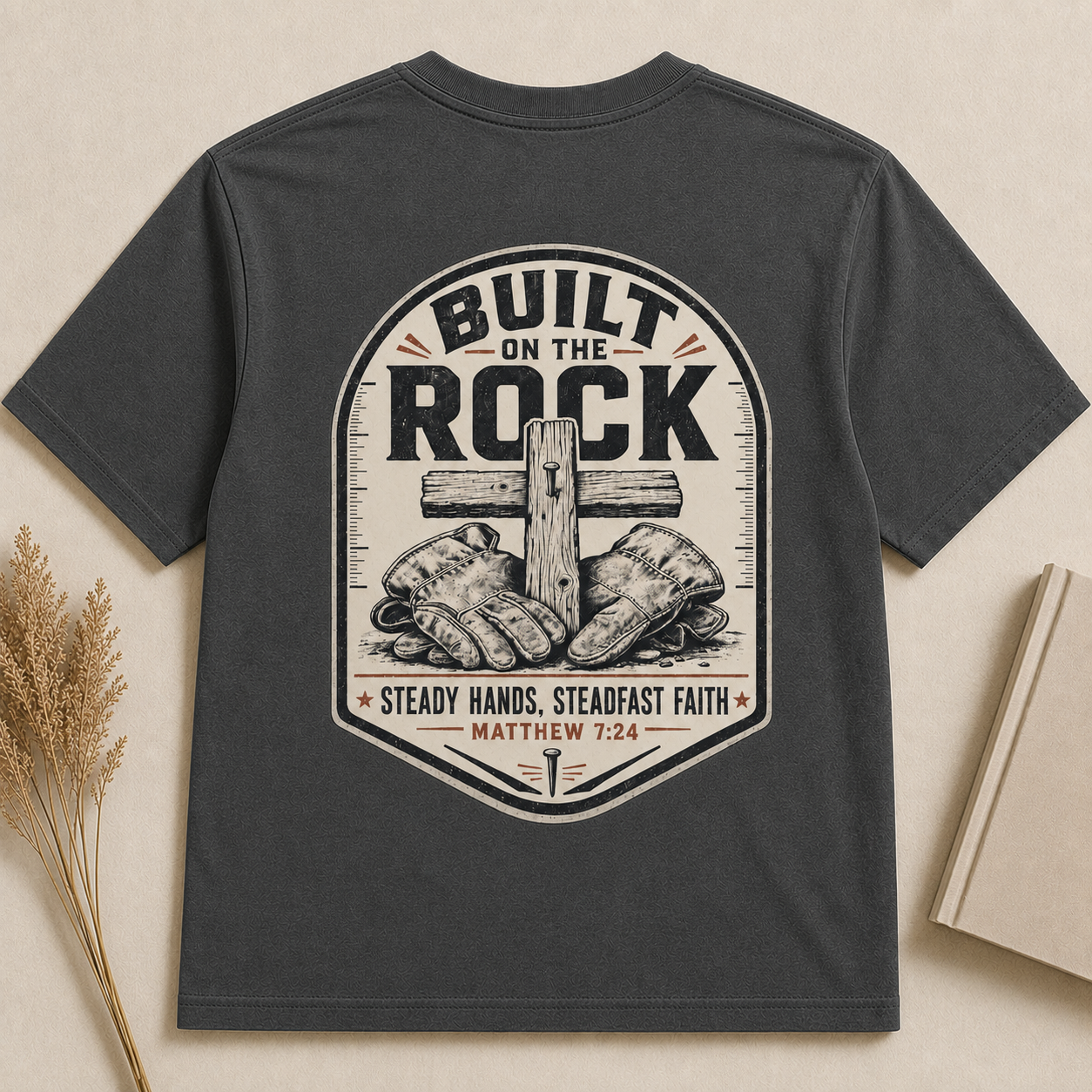 BUILT ON THE ROCK | MATTHEW 7:24  Christian T-Shirt | Back Print