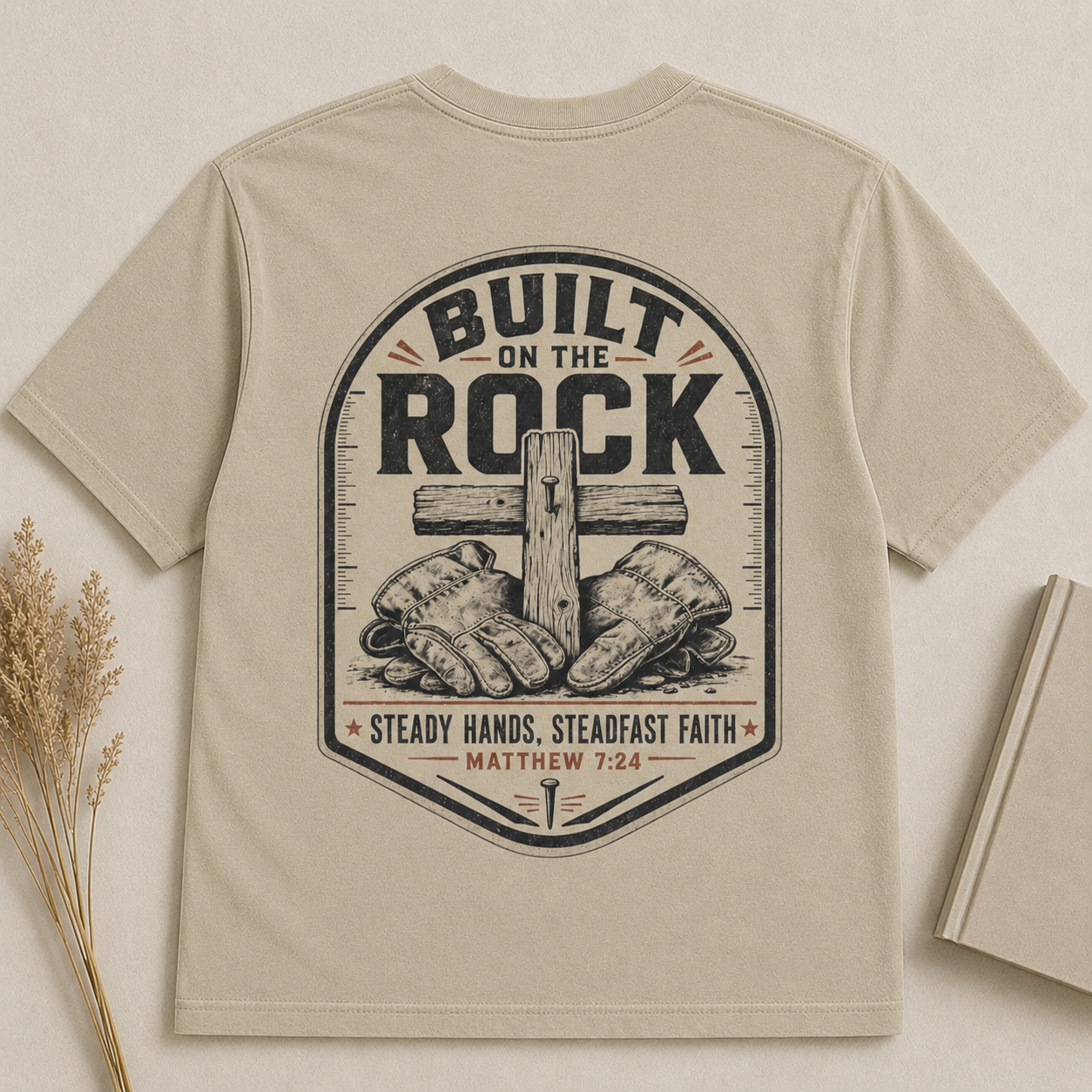 BUILT ON THE ROCK | MATTHEW 7:24  Christian T-Shirt | Back Print