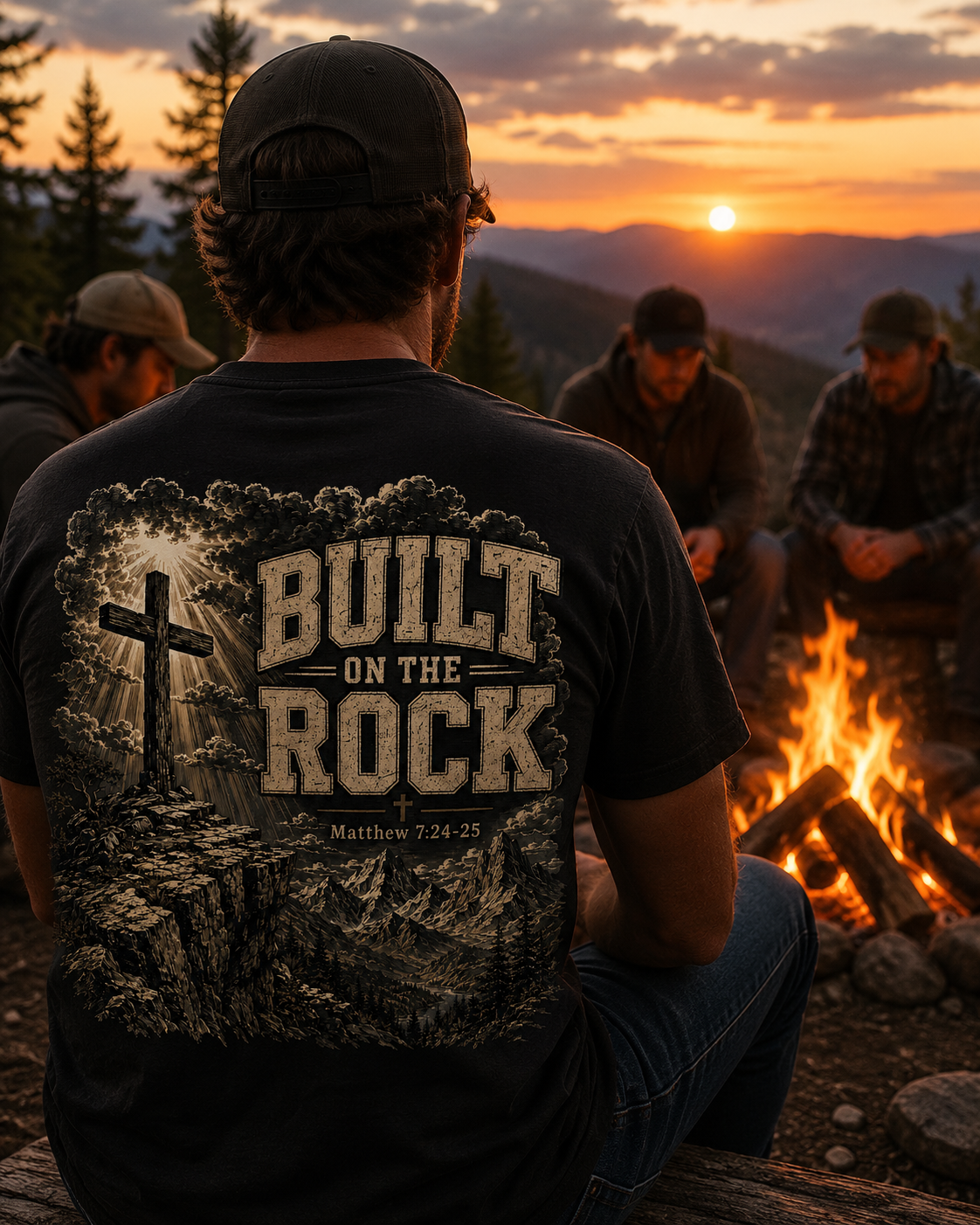 BUILT ON THE ROCK | MATTHEW 7:24-25 | Christian T-Shirt |  Back Print