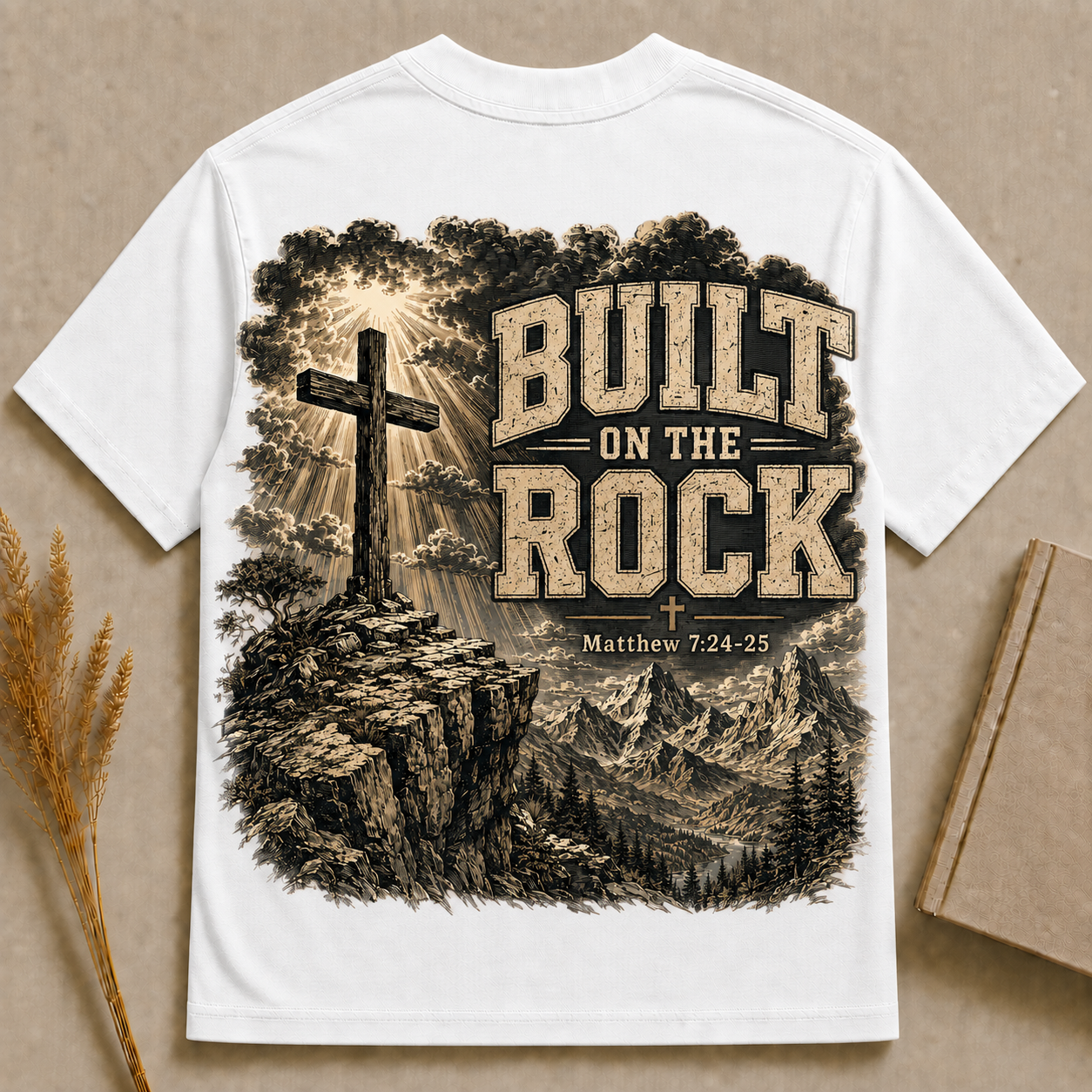 BUILT ON THE ROCK | MATTHEW 7:24-25 | Christian T-Shirt |  Back Print
