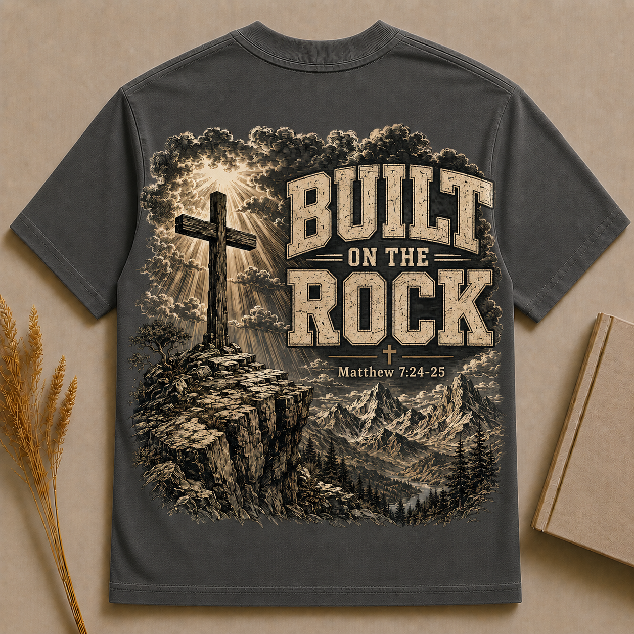 BUILT ON THE ROCK | MATTHEW 7:24-25 | Christian T-Shirt |  Back Print