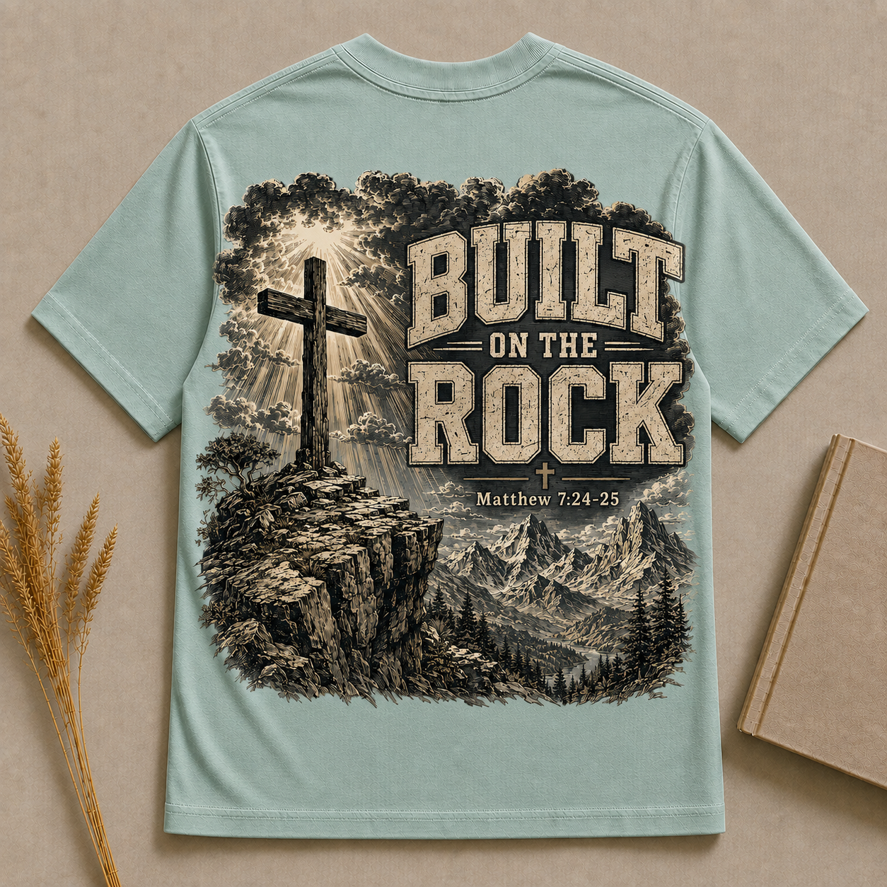 BUILT ON THE ROCK | MATTHEW 7:24-25 | Christian T-Shirt |  Back Print