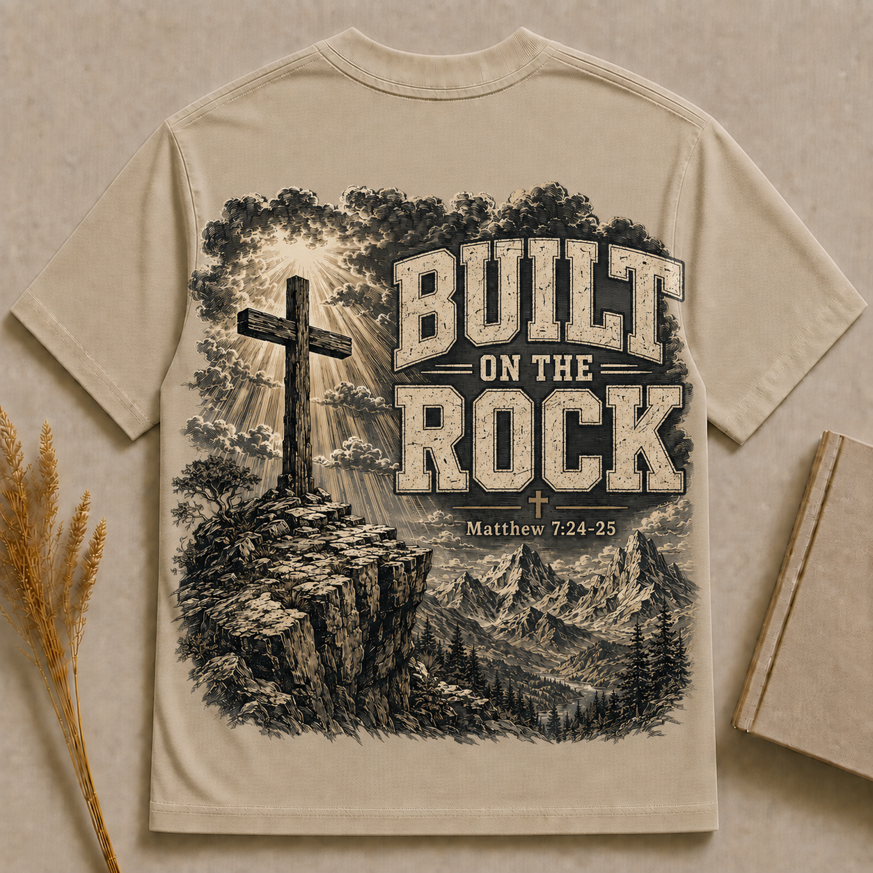 BUILT ON THE ROCK | MATTHEW 7:24-25 | Christian T-Shirt |  Back Print