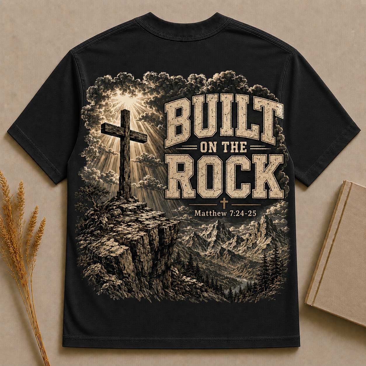 BUILT ON THE ROCK | MATTHEW 7:24-25 | Christian T-Shirt |  Back Print