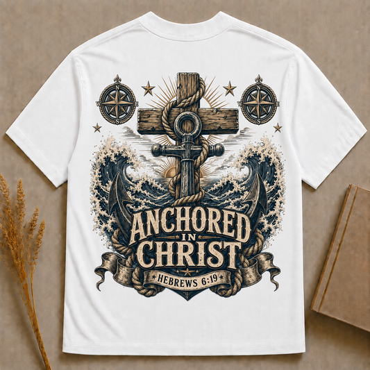 ANCHORED IN CHRIST | HEBREWS 6:19 | Christian T-Shirt | Back Print